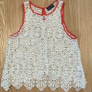 ASTR the Label Women's Cream Lace Tank Top‎ Coral Orange Trim Whimsy Cottagecore